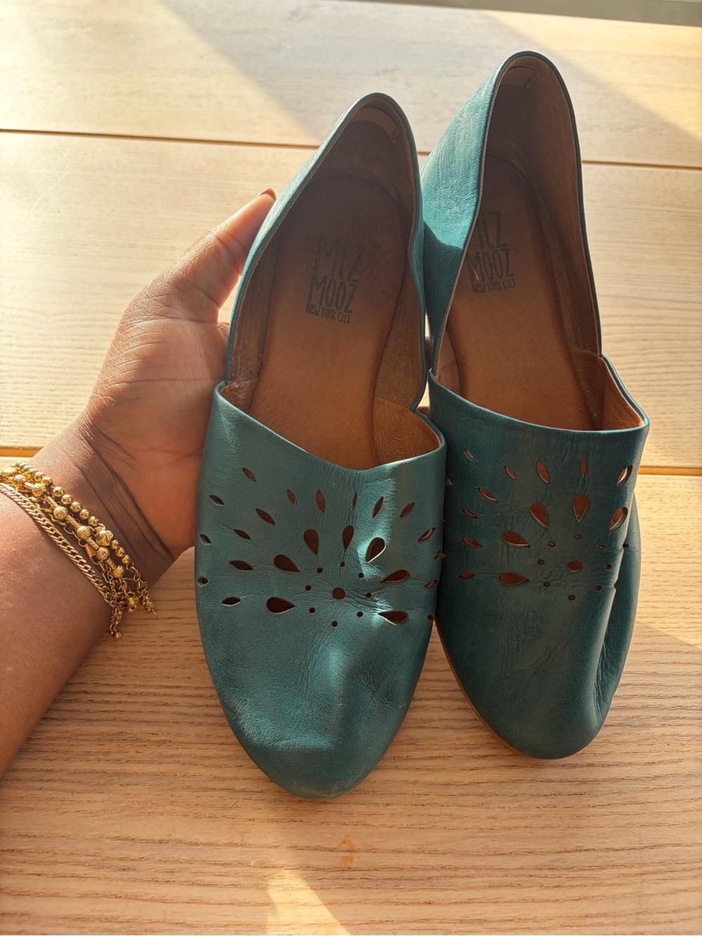 Miz Mooz Teal Cutout Leather Slip-On Mules